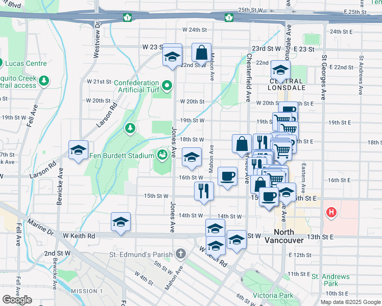 map of restaurants, bars, coffee shops, grocery stores, and more near 336 West 17th Street in North Vancouver