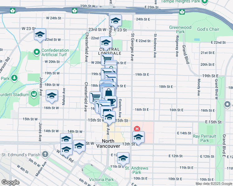 map of restaurants, bars, coffee shops, grocery stores, and more near 122 17th Street East in North Vancouver