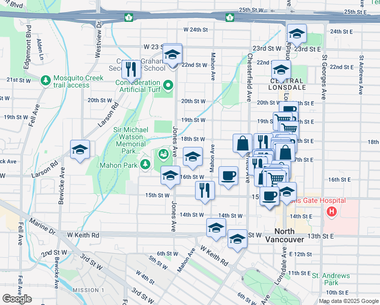 map of restaurants, bars, coffee shops, grocery stores, and more near in North Vancouver