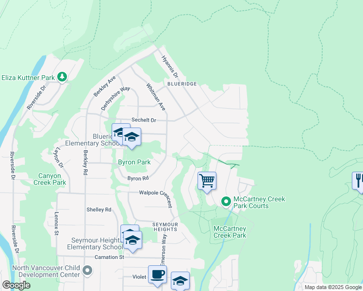 map of restaurants, bars, coffee shops, grocery stores, and more near 1987 Dunstone Place in North Vancouver
