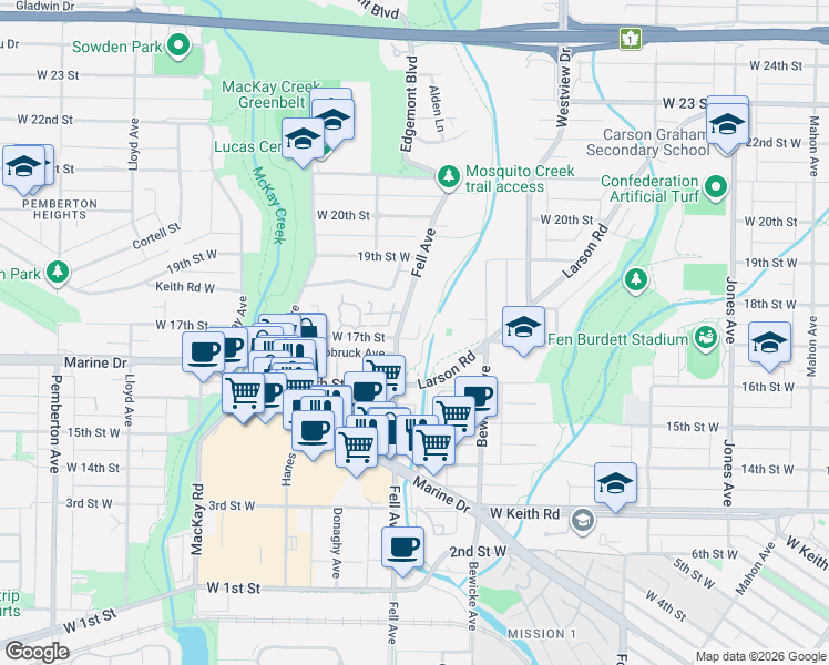 map of restaurants, bars, coffee shops, grocery stores, and more near 786 West 17th Street in North Vancouver