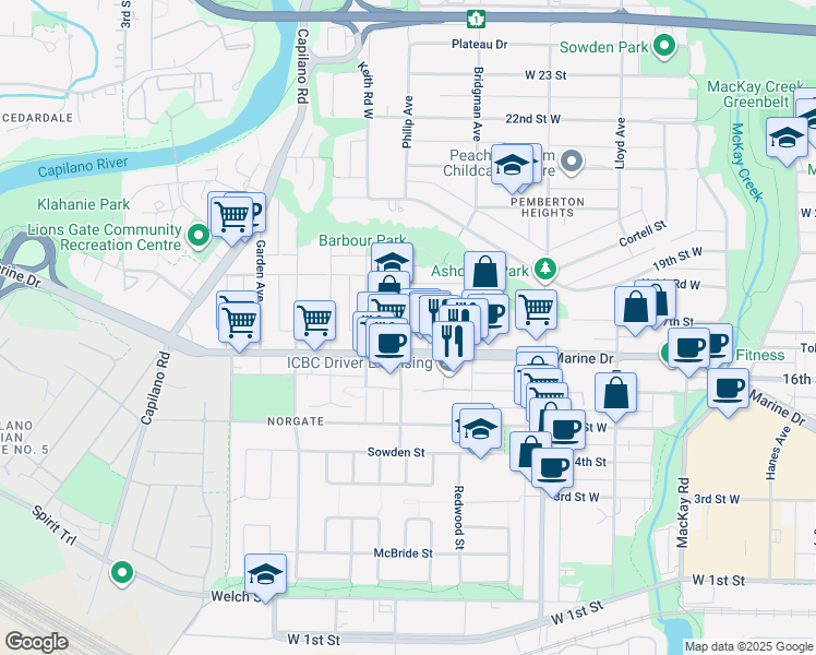 map of restaurants, bars, coffee shops, grocery stores, and more near 1664 Philip Avenue in North Vancouver