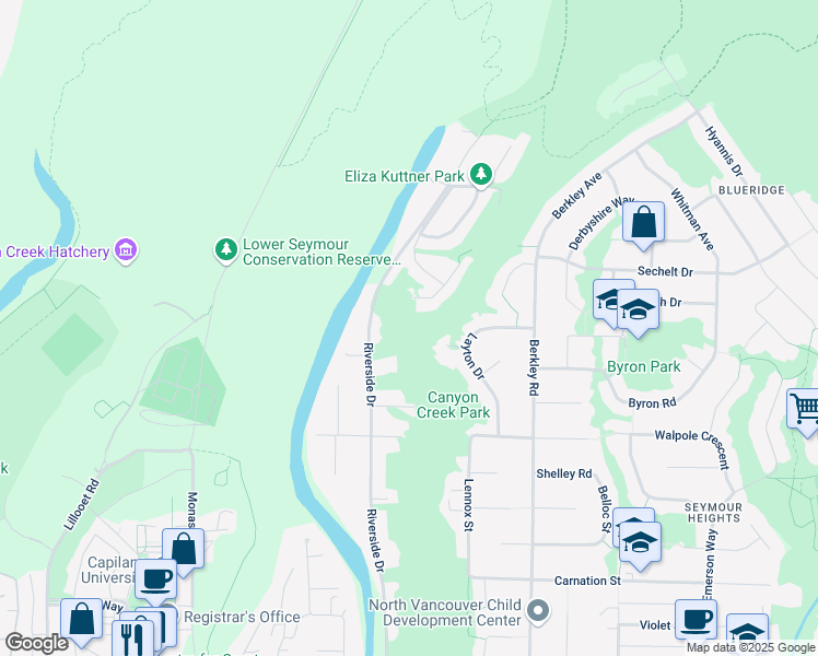 map of restaurants, bars, coffee shops, grocery stores, and more near 1940 Rivergrove Place in North Vancouver