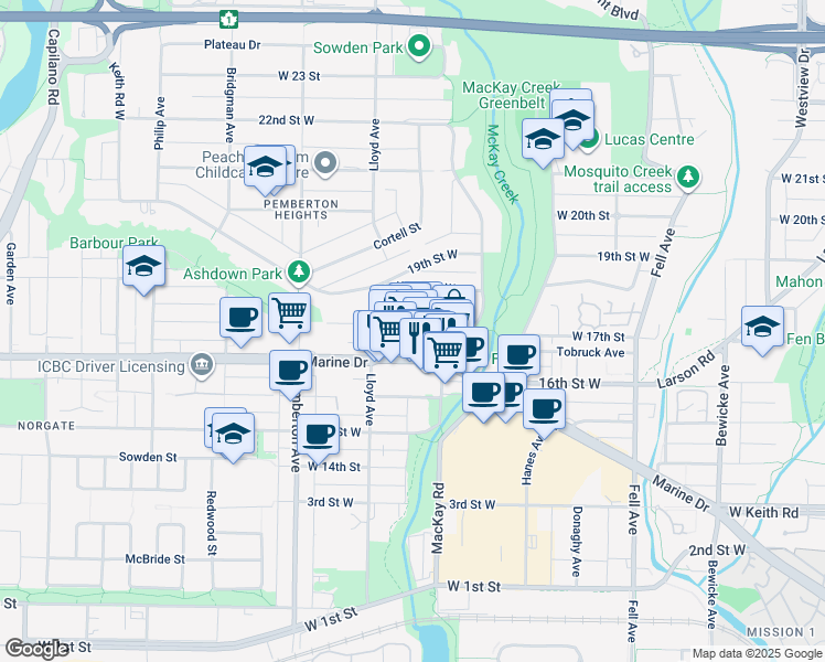 map of restaurants, bars, coffee shops, grocery stores, and more near 1078 Marine Drive in North Vancouver