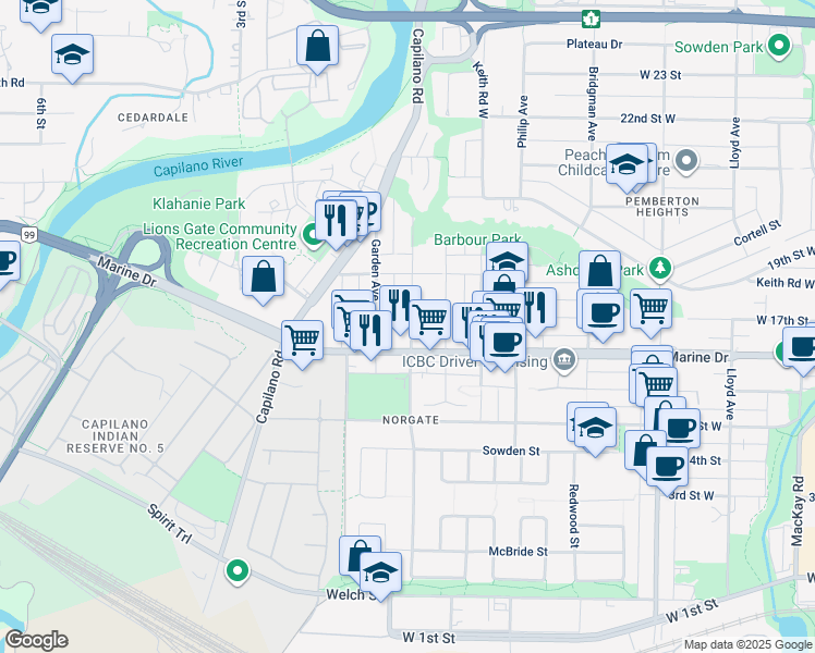 map of restaurants, bars, coffee shops, grocery stores, and more near 1665 Tatlow Avenue in North Vancouver