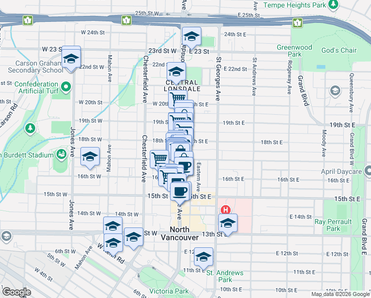 map of restaurants, bars, coffee shops, grocery stores, and more near 1740 Lonsdale Avenue in North Vancouver