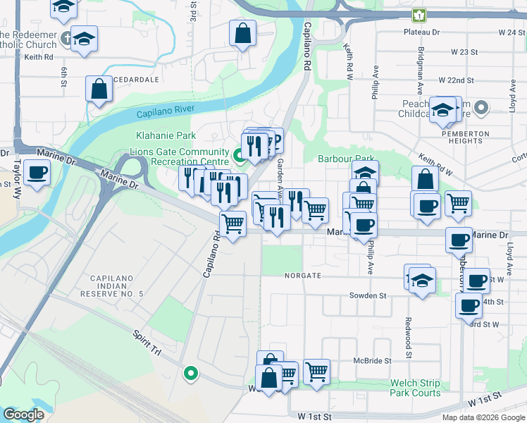 map of restaurants, bars, coffee shops, grocery stores, and more near 1654 McGuire Avenue in North Vancouver