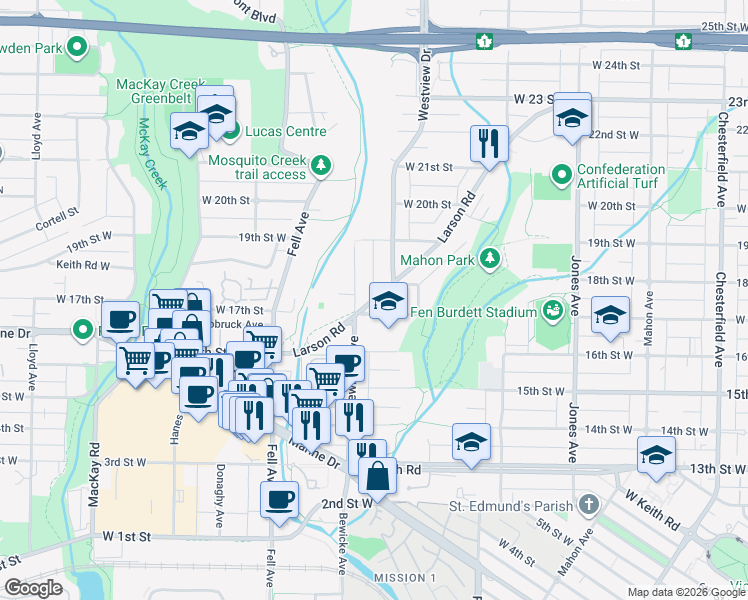 map of restaurants, bars, coffee shops, grocery stores, and more near 1710 Larson Road in North Vancouver