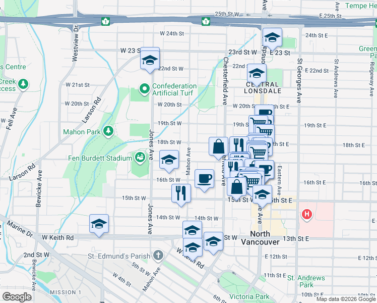 map of restaurants, bars, coffee shops, grocery stores, and more near Mahon Avenue in North Vancouver
