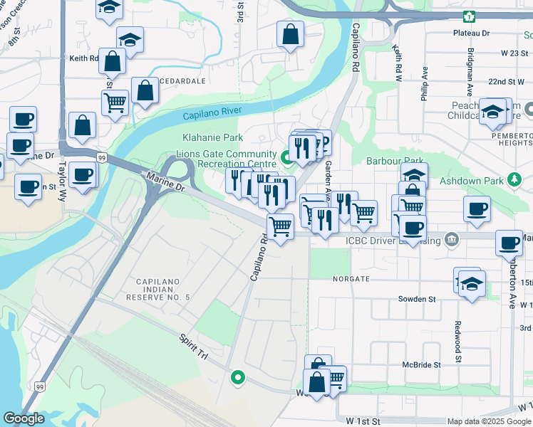 map of restaurants, bars, coffee shops, grocery stores, and more near 1633 Capilano Road in North Vancouver