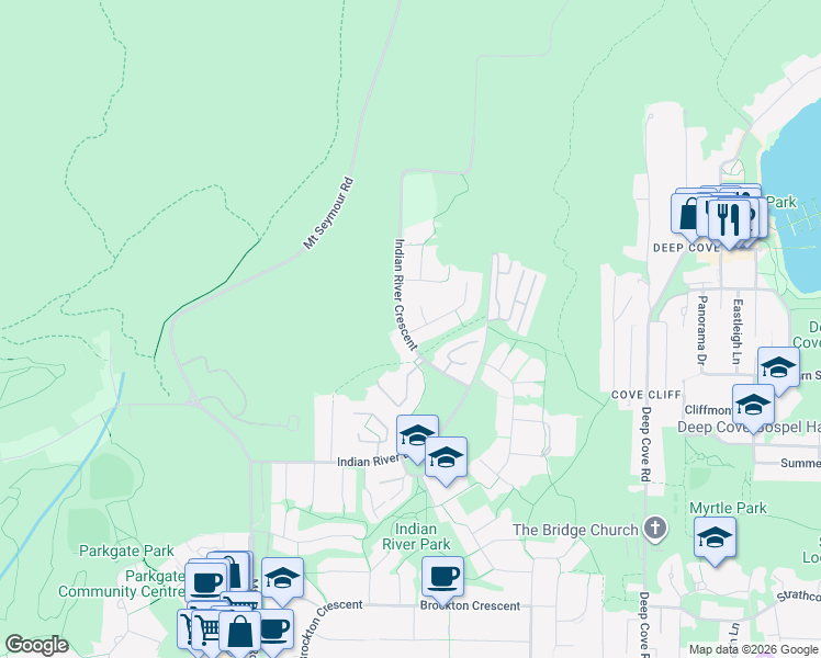 map of restaurants, bars, coffee shops, grocery stores, and more near 1900 Indian River Crescent in North Vancouver