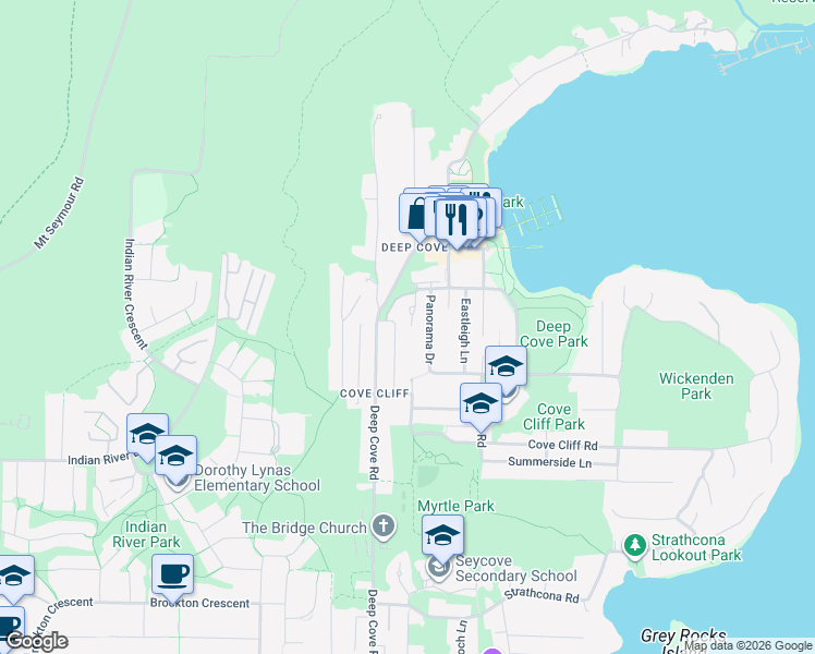 map of restaurants, bars, coffee shops, grocery stores, and more near 2060 Deep Cove Crescent in North Vancouver