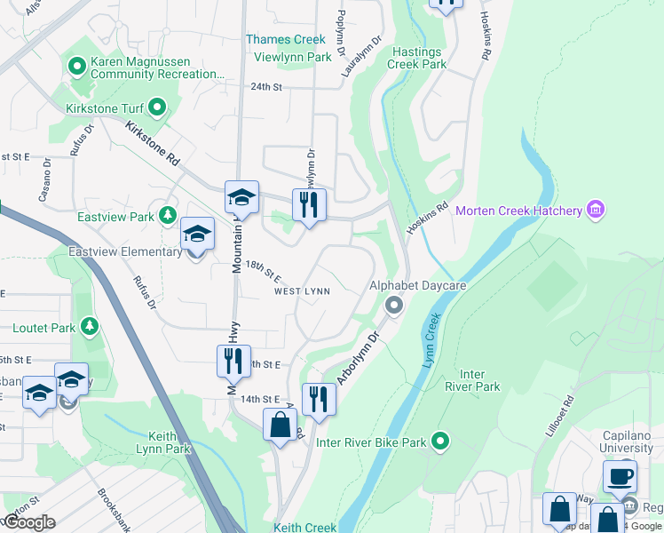 map of restaurants, bars, coffee shops, grocery stores, and more near 1870 Beaulynn Place in North Vancouver