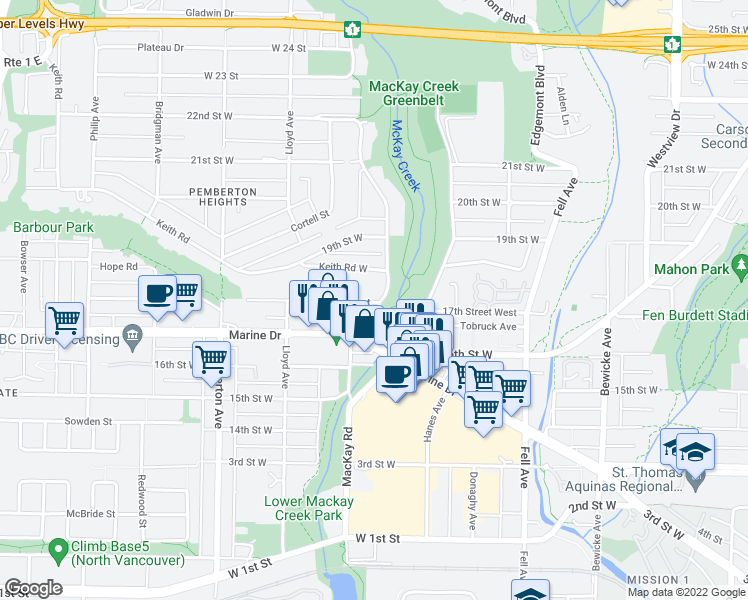 map of restaurants, bars, coffee shops, grocery stores, and more near 1002 17th Street West in North Vancouver
