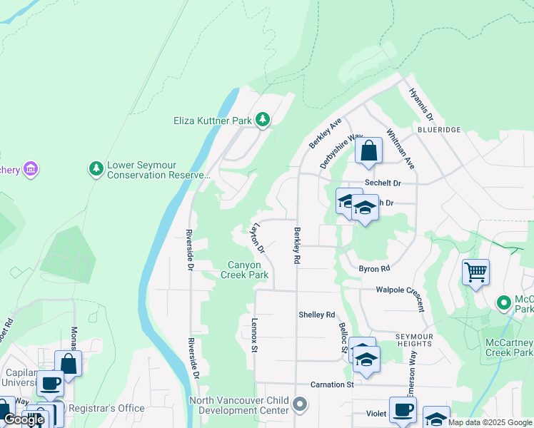 map of restaurants, bars, coffee shops, grocery stores, and more near 1869 Layton Drive in North Vancouver