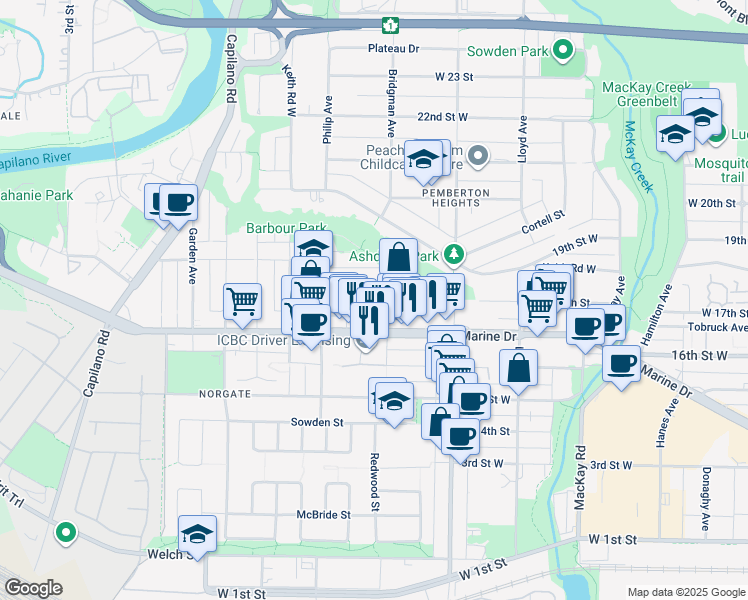 map of restaurants, bars, coffee shops, grocery stores, and more near 1317 17th Street West in North Vancouver