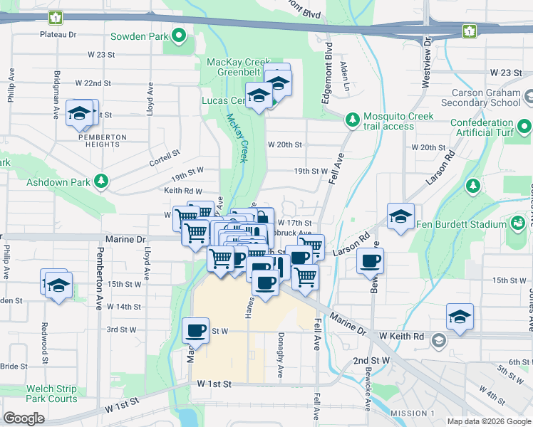 map of restaurants, bars, coffee shops, grocery stores, and more near 900 17th Street East in North Vancouver