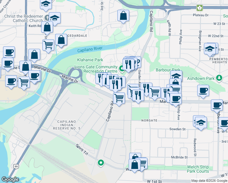 map of restaurants, bars, coffee shops, grocery stores, and more near 1632 Lions Gate Lane in North Vancouver