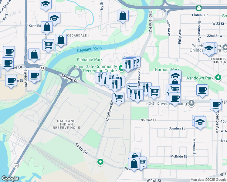 map of restaurants, bars, coffee shops, grocery stores, and more near 1632 Lions Gate Lane in North Vancouver