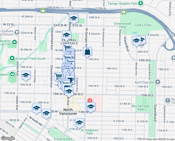 map of restaurants, bars, coffee shops, grocery stores, and more near 203 18th Street East in North Vancouver