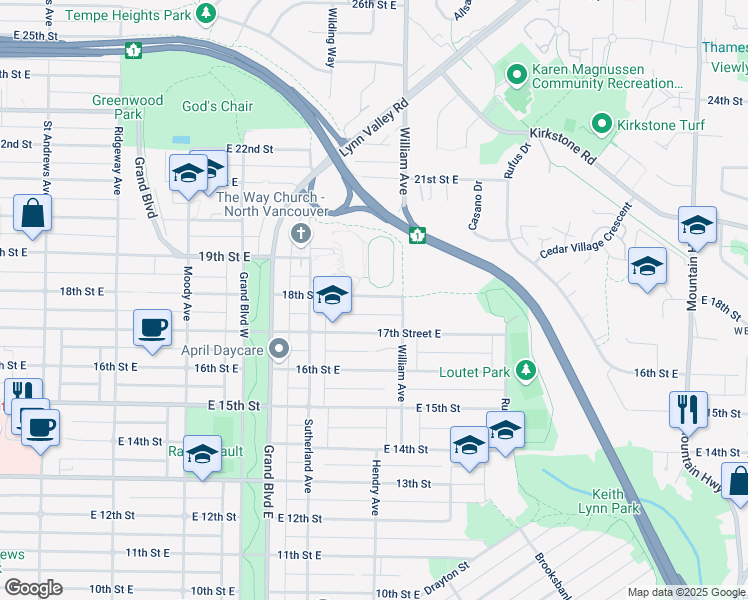 map of restaurants, bars, coffee shops, grocery stores, and more near 757 East 18th Avenue in Vancouver