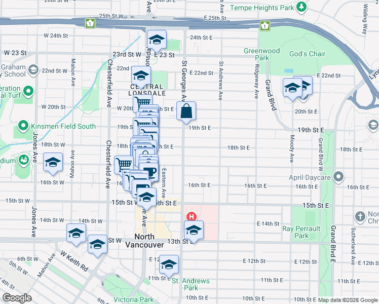 map of restaurants, bars, coffee shops, grocery stores, and more near 205 18th Street East in North Vancouver