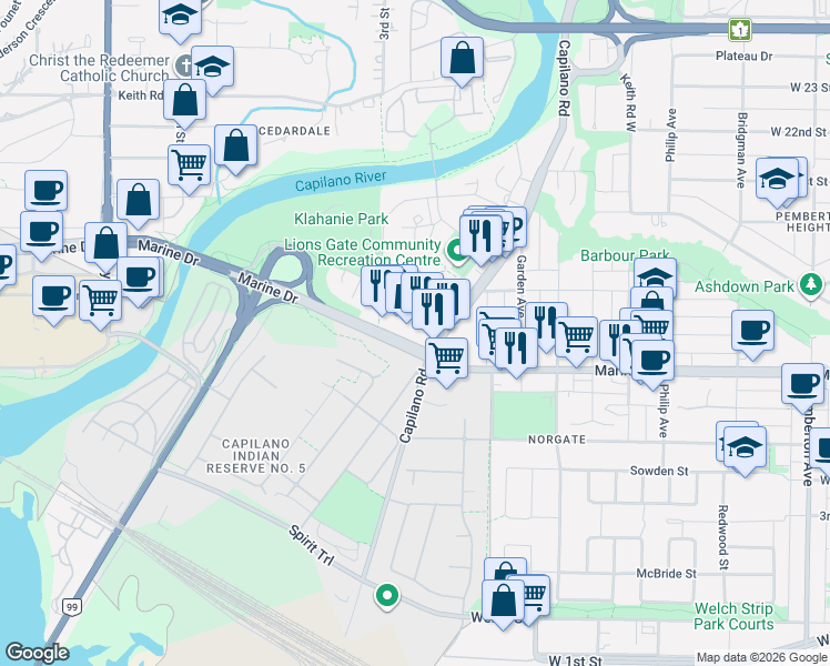 map of restaurants, bars, coffee shops, grocery stores, and more near 1625 Lions Gate Lane in Metro Vancouver