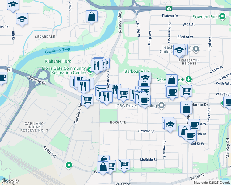 map of restaurants, bars, coffee shops, grocery stores, and more near 1633 Tatlow Avenue in North Vancouver