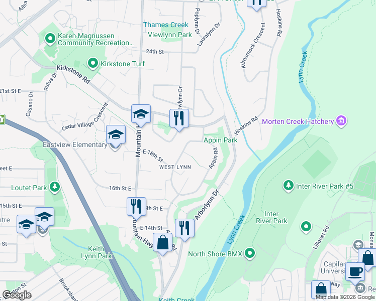 map of restaurants, bars, coffee shops, grocery stores, and more near 1876 Beaulynn Place in North Vancouver