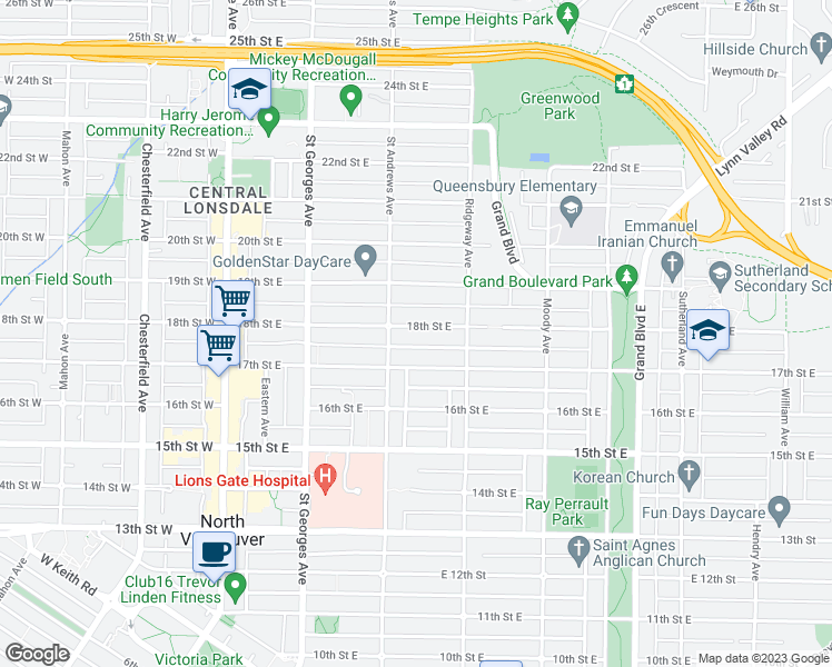 map of restaurants, bars, coffee shops, grocery stores, and more near 323 18th Street East in North Vancouver
