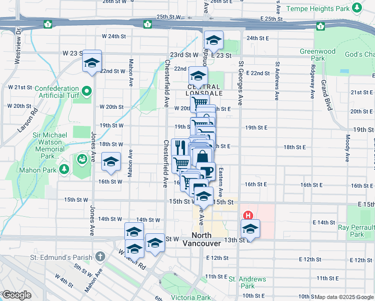 map of restaurants, bars, coffee shops, grocery stores, and more near 125 18th Street West in North Vancouver