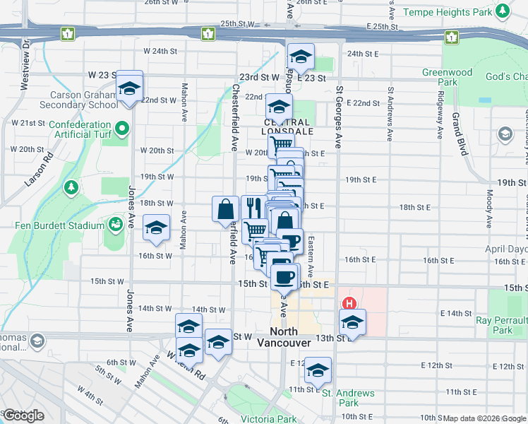 map of restaurants, bars, coffee shops, grocery stores, and more near in Vancouver