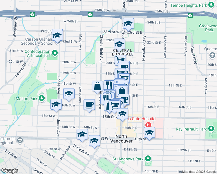 map of restaurants, bars, coffee shops, grocery stores, and more near 145 West 18th Avenue in Vancouver