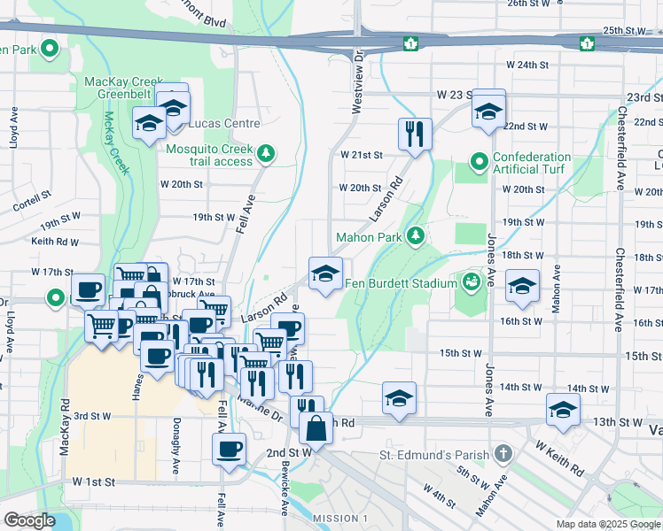 map of restaurants, bars, coffee shops, grocery stores, and more near 633 Fir Street in North Vancouver