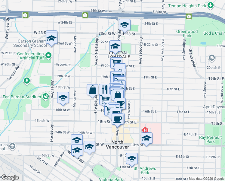 map of restaurants, bars, coffee shops, grocery stores, and more near 111 18th Street West in North Vancouver