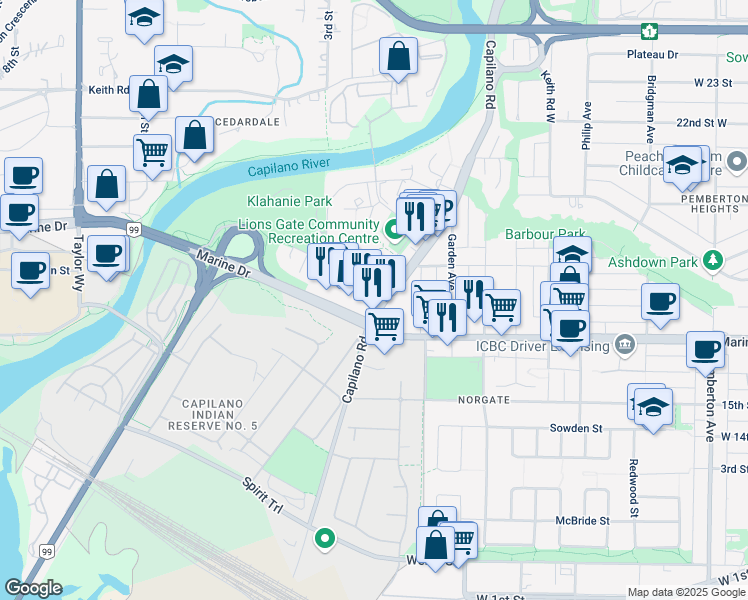 map of restaurants, bars, coffee shops, grocery stores, and more near 1632 Lions Gate Lane in North Vancouver