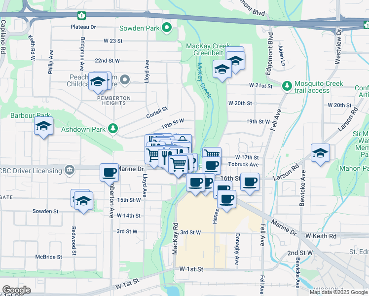 map of restaurants, bars, coffee shops, grocery stores, and more near in North Vancouver