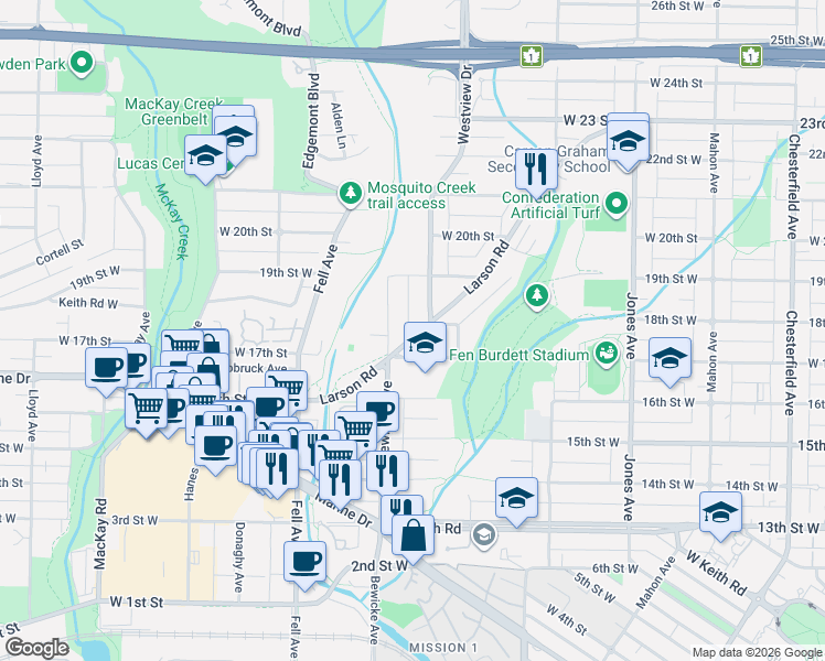 map of restaurants, bars, coffee shops, grocery stores, and more near 1737 Larson Road in North Vancouver