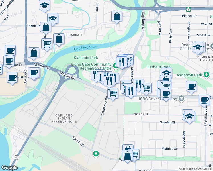 map of restaurants, bars, coffee shops, grocery stores, and more near in Metro Vancouver