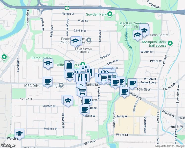 map of restaurants, bars, coffee shops, grocery stores, and more near 1176 West 17th Street in North Vancouver
