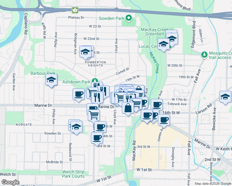 map of restaurants, bars, coffee shops, grocery stores, and more near in North Vancouver