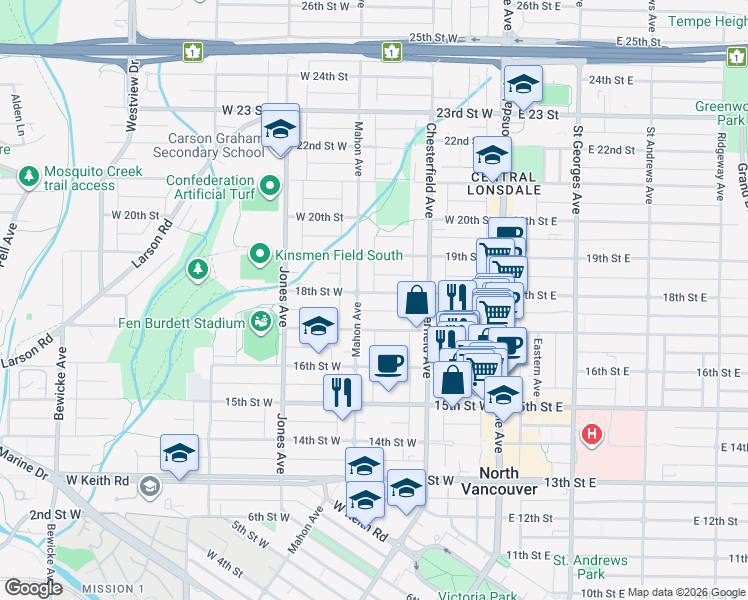 map of restaurants, bars, coffee shops, grocery stores, and more near 253 18th Street West in North Vancouver