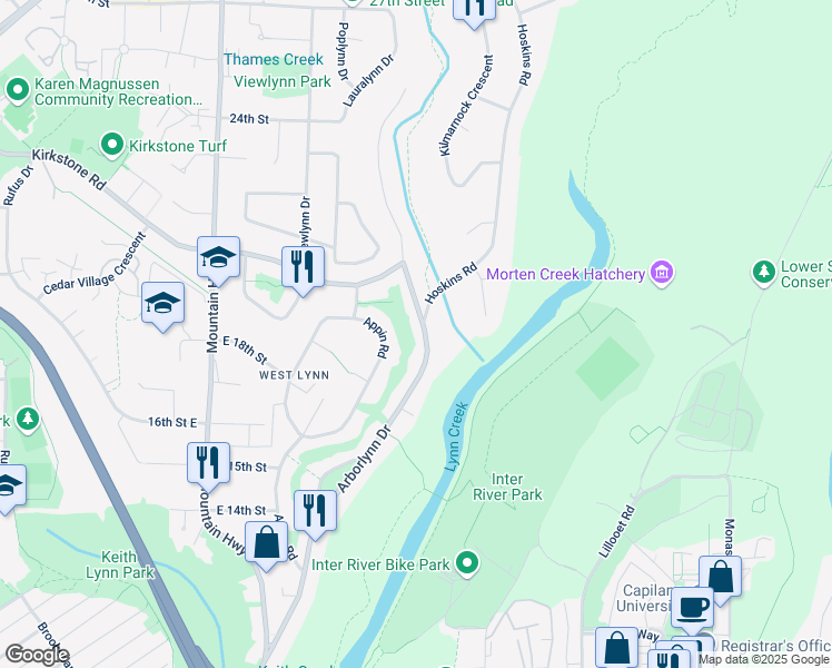 map of restaurants, bars, coffee shops, grocery stores, and more near 1831 Arborlynn Drive in North Vancouver