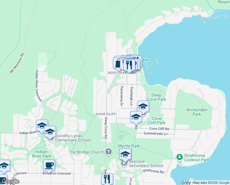map of restaurants, bars, coffee shops, grocery stores, and more near 2062 Deep Cove Crescent in North Vancouver