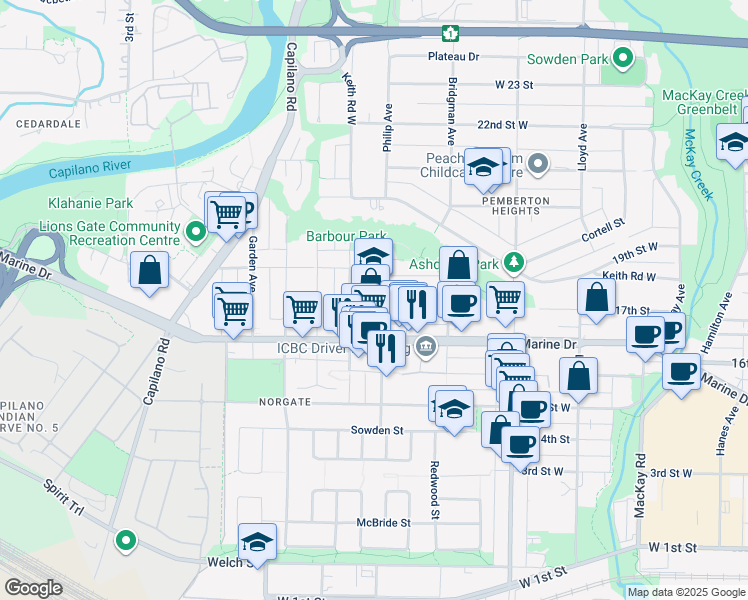 map of restaurants, bars, coffee shops, grocery stores, and more near 1709 Philip Avenue in North Vancouver