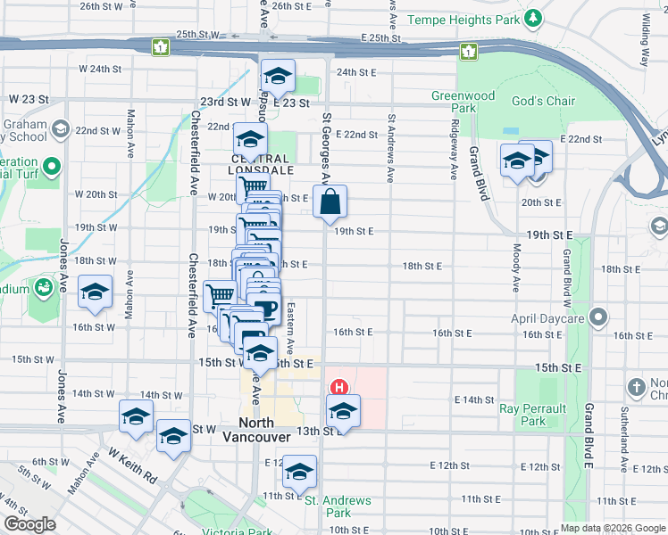 map of restaurants, bars, coffee shops, grocery stores, and more near 203 18th Street East in North Vancouver