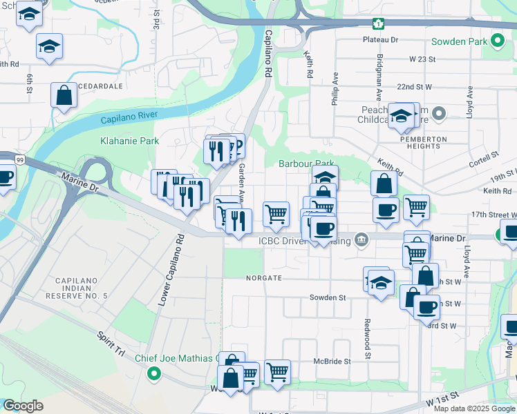 map of restaurants, bars, coffee shops, grocery stores, and more near 1709 Tatlow Avenue in North Vancouver