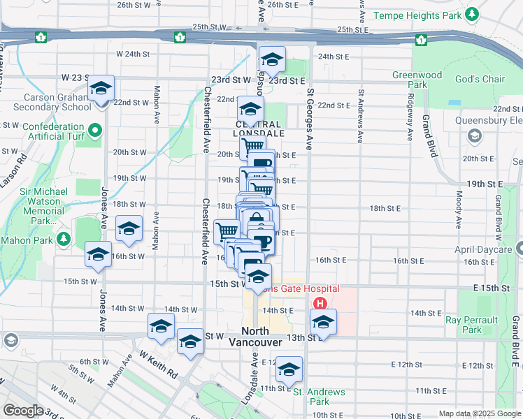 map of restaurants, bars, coffee shops, grocery stores, and more near 121 18th Street East in North Vancouver