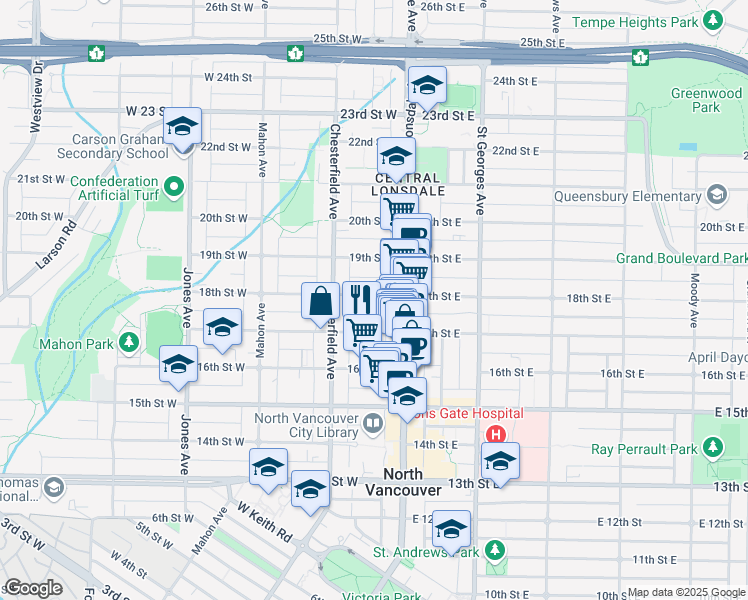 map of restaurants, bars, coffee shops, grocery stores, and more near 125 18th Street West in North Vancouver