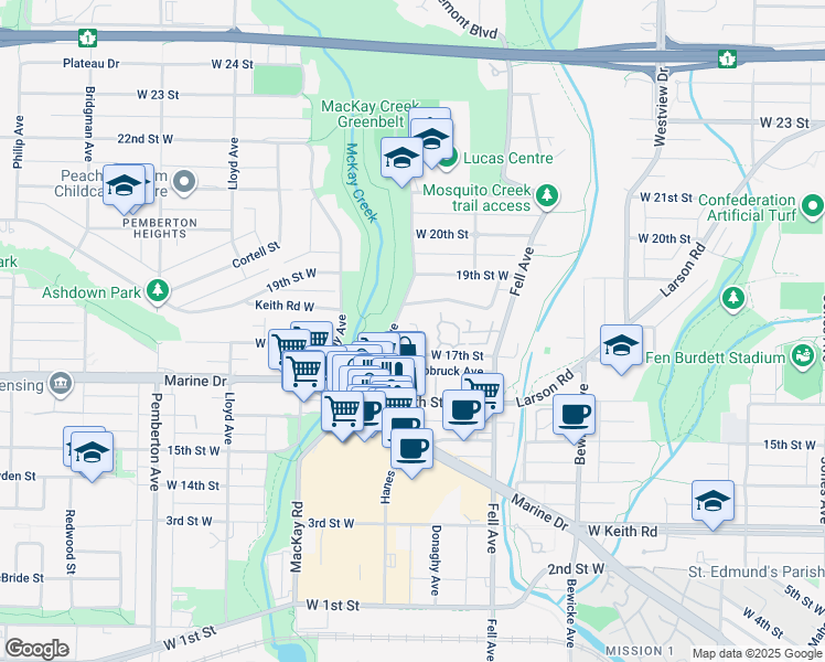 map of restaurants, bars, coffee shops, grocery stores, and more near 900 West 17th Street in North Vancouver